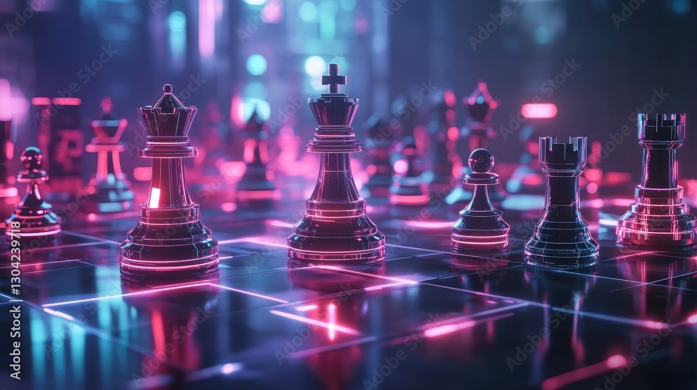 Futuristic chess pieces, lit by ambient light, standing on a high-tech chessboard, creating a visually striking and contemporary atmosphere for strategic gameplay Futuristic chess pieces, lit by ambient light, standing on a high-tech chessboard, creating a visually striking and contemporary atmosphere for strategic gameplay