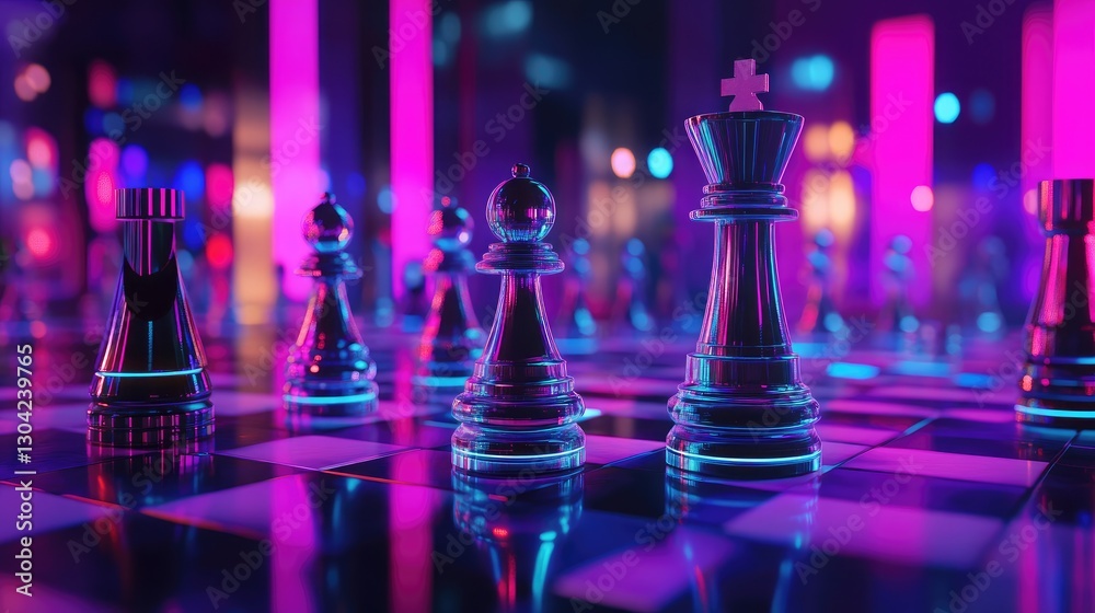 Futuristic chess pieces, lit by ambient light, standing on a high-tech chessboard, creating a visually striking and contemporary atmosphere for strategic gameplay Futuristic chess pieces, lit by ambient light, standing on a high-tech chessboard, creating a visually striking and contemporary atmosphere for strategic gameplay
