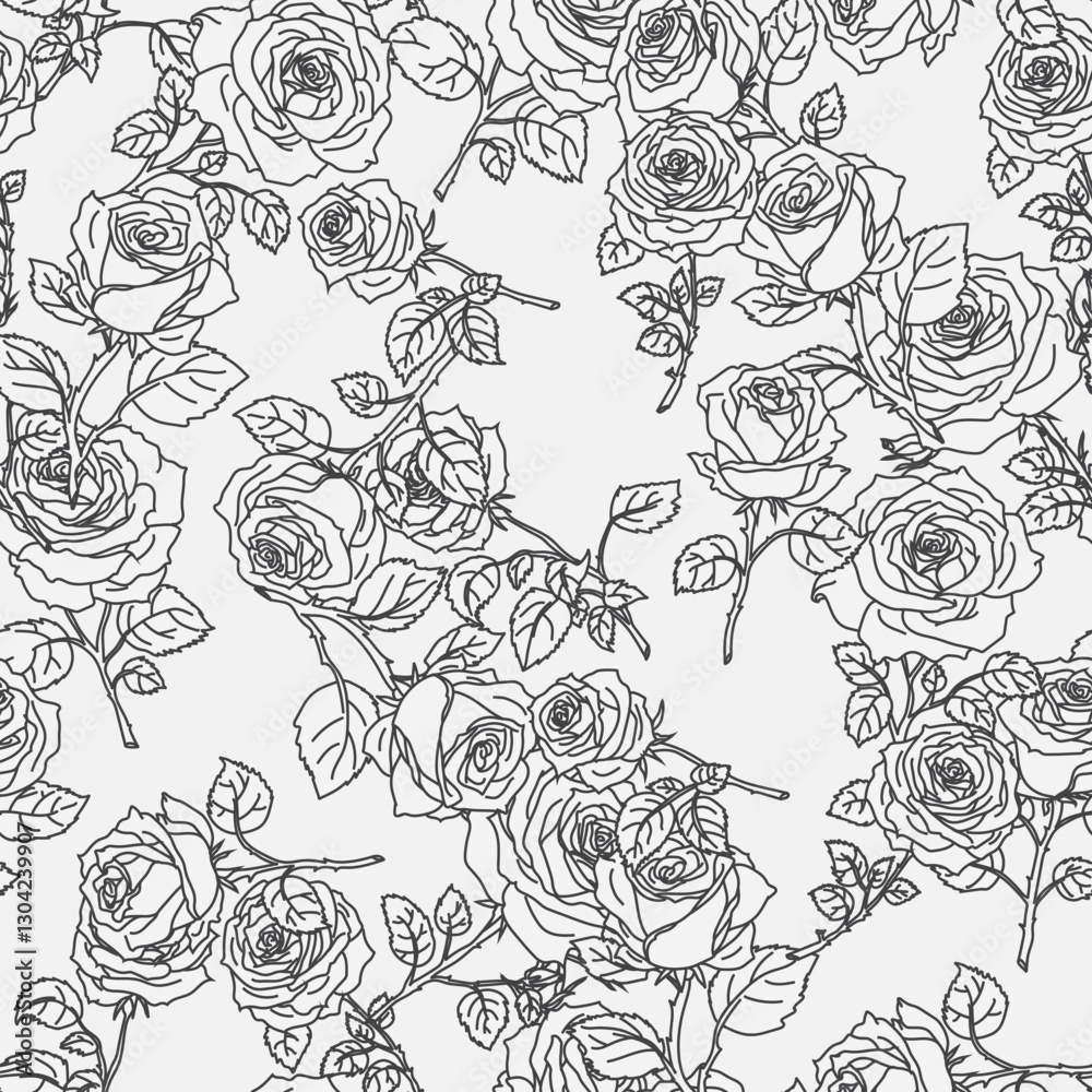 Fototapeta premium Sketchy seamless black and white floral pattern with roses. Good for textile design web, print or wrapping paper. Outline monochrome doodle flowers