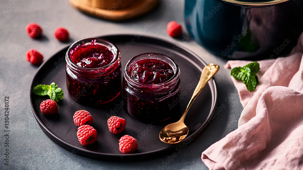 Homemade raspberry jam in jars with fresh raspberries and gold spoon on black plate Homemade raspberry jam in jars with fresh raspberries and gold spoon on black plate