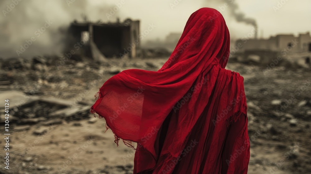 Naklejka premium In the face of destruction, a woman with a red scarf stands resolute, symbolizing courage, resilience, and the unwavering human spirit amid adversity.