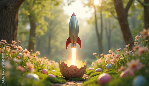 Rocket Blasting Off from a Decorated Egg for Festive Marketing - Futuristic Easter Design