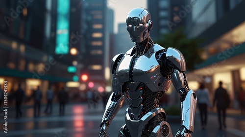 AI humanoid robot in a futuristic smart city