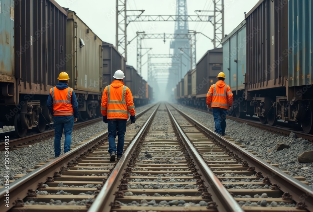 Naklejka premium Railway workers. Three railway workers in orange uniform walking on the railroad.