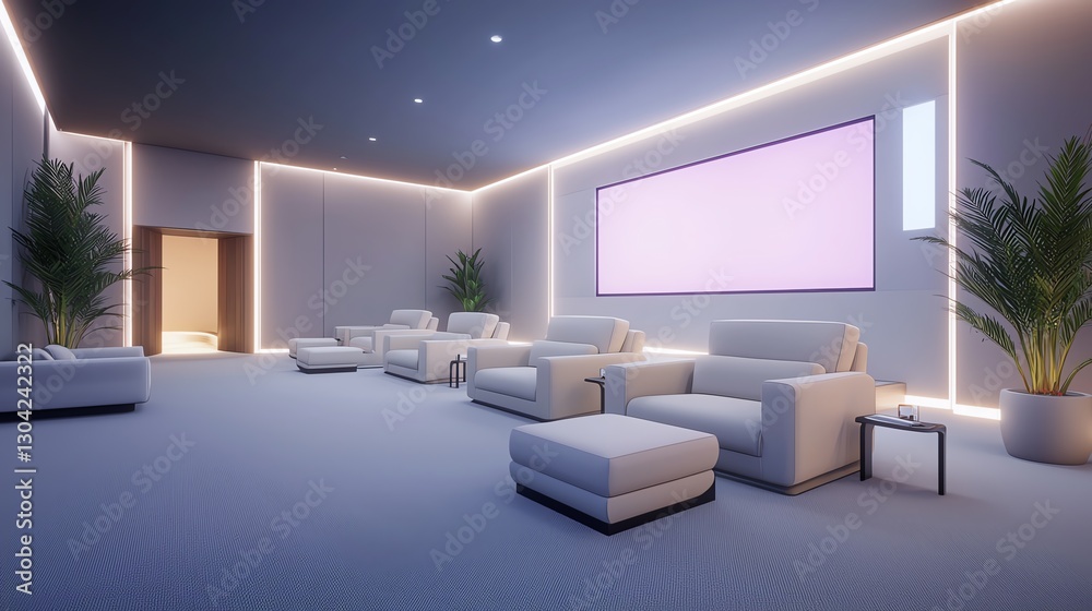Modern lounge with cozy white sofas, ambient lighting, and large screen. Minimalist design with green plants.