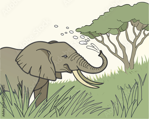 A giant elephant spraying water with its trunk