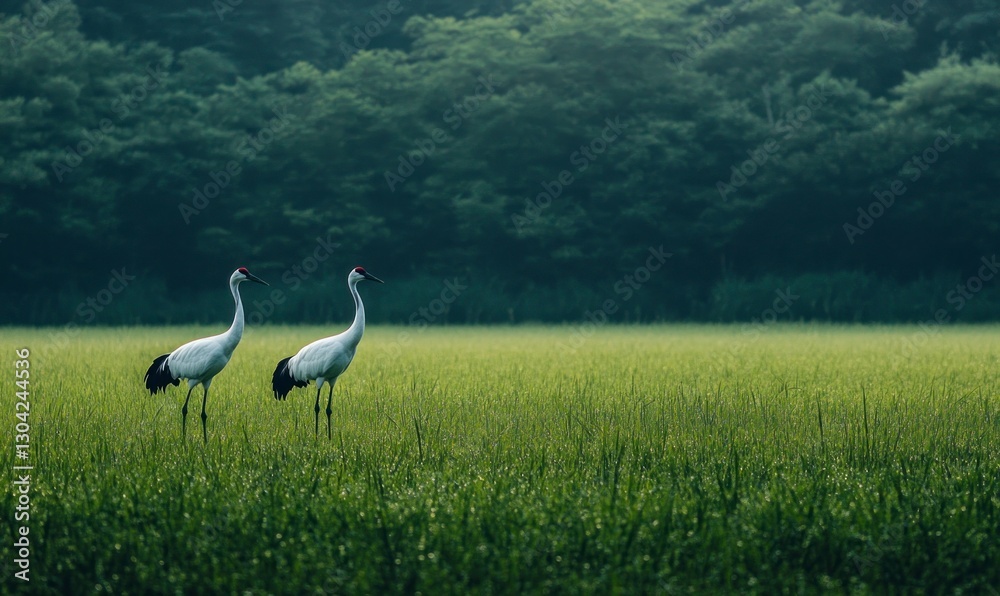 Fototapeta premium The vast grassland is full of lush green, with two elegant cranes standing on the field, looking at each other in a graceful manner