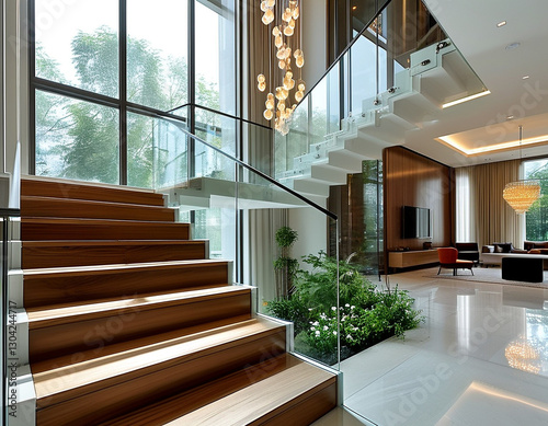 minimalist image of a luxury home's grand staircase. The staircase have sleek glass railings, wooden steps, and a statement chandelier hanging above.