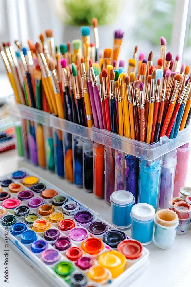 Fototapeta premium Colorful art supplies on a table