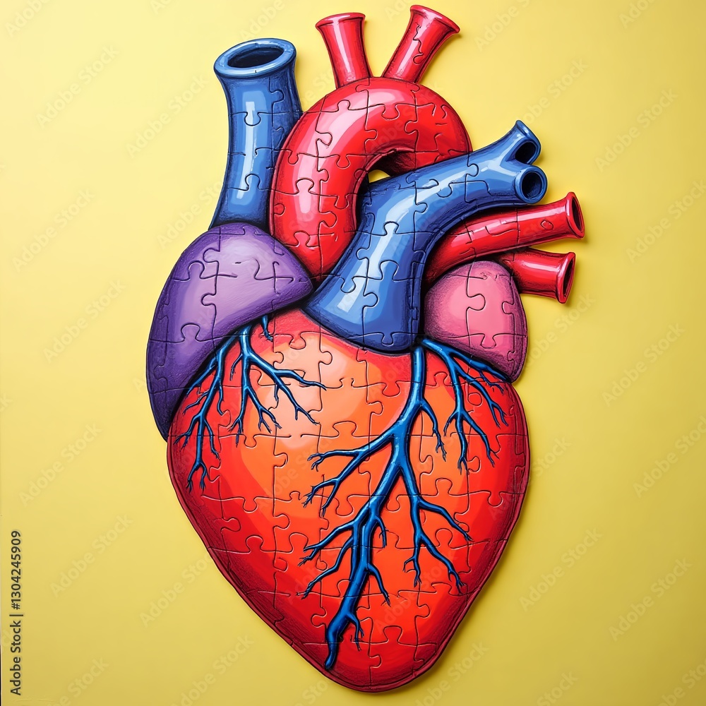 Naklejka premium Image of colored human heart consisting of puzzles. Image on a colored background.