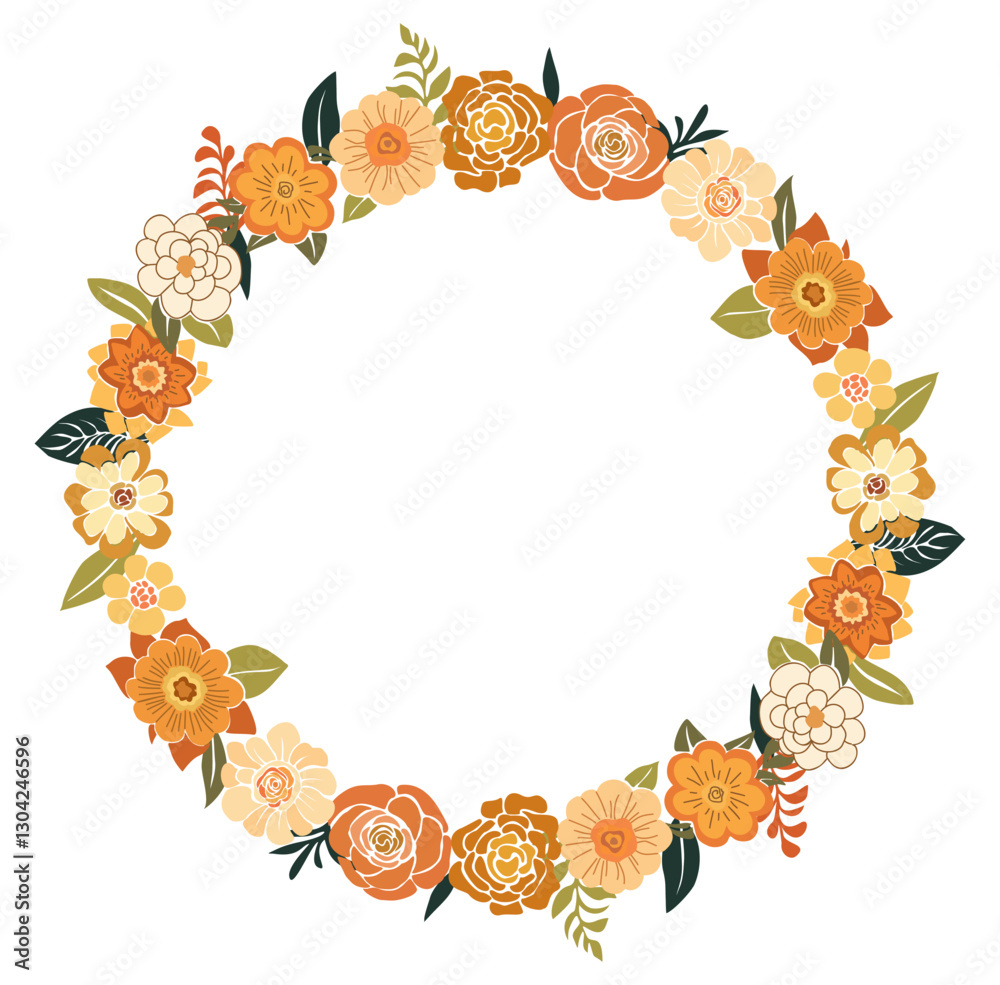 Abstract floral wreath. Round natural backdrop with hand drawn autumn flowers and leaves. Decorative frame with blooming plants. Vector flat illustration isolated