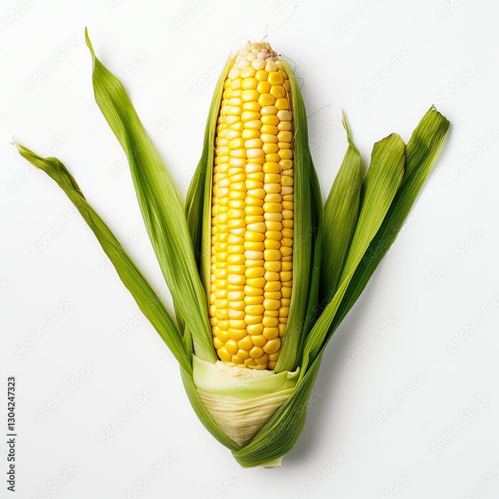 Fresh corn on the cob, perfectly centered on a white background. Clean, professional product photo ideal for ads, blogs, and food marketing Fresh corn on the cob, perfectly centered on a white background. Clean, professional product photo ideal for ads, blogs, and food marketing