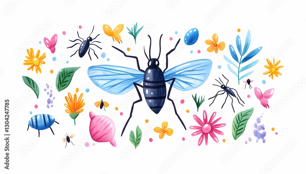 Fototapeta premium Colorful Insect and Flower Illustration