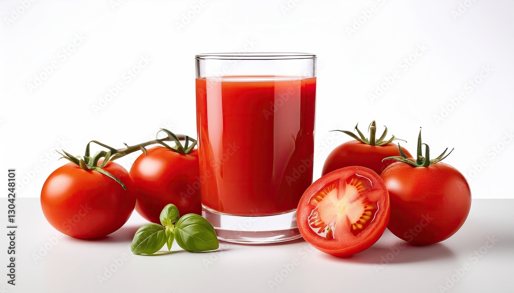 Tomato juice and tomato on a white background