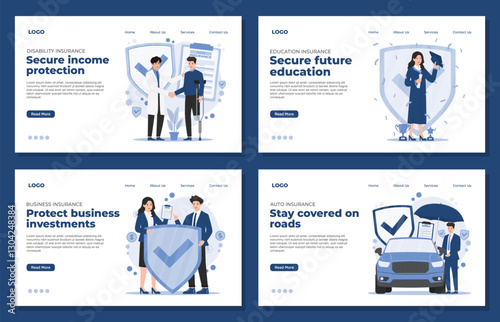 Set of landing page template Comprehensive insurance solutions covering auto, education, disability, business, and life, ensuring financial security and peace of mind.