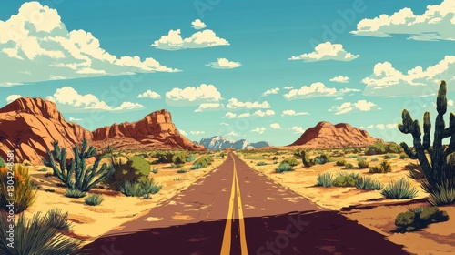 Scenic desert highway road trip under a vibrant blue sky
