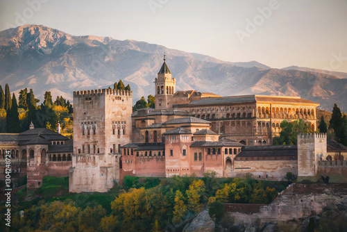 Alhambra palace illuminated by sunset with mountains in the background near Granada, Spain