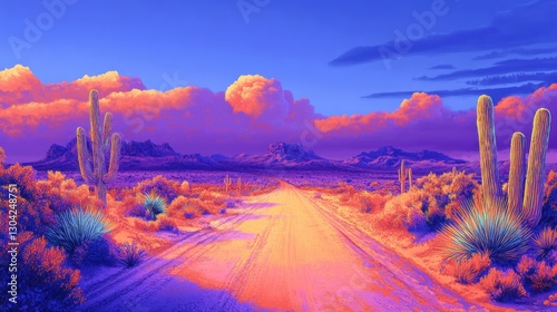 Scenic desert highway road trip under a vibrant blue sky
