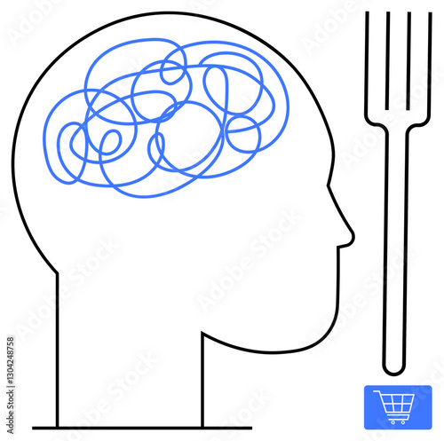 Silhouette of a head with tangled lines inside representing thought clutter, adjacent to a fork and shopping cart icon. Ideal for psychology, decision-making, consumerism, stress, food choices