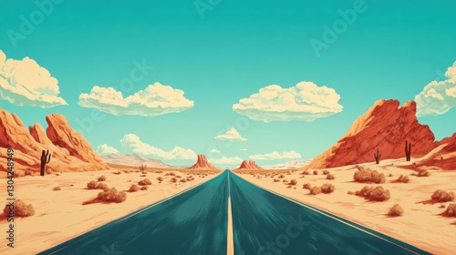 Scenic desert highway road trip under a vibrant blue sky
