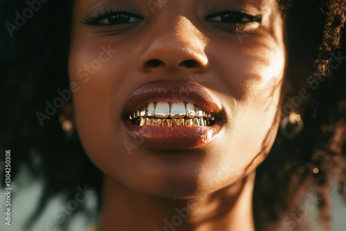Close up portrait of a young woman wearing gold grillz, showcasing contemporary fashion and style