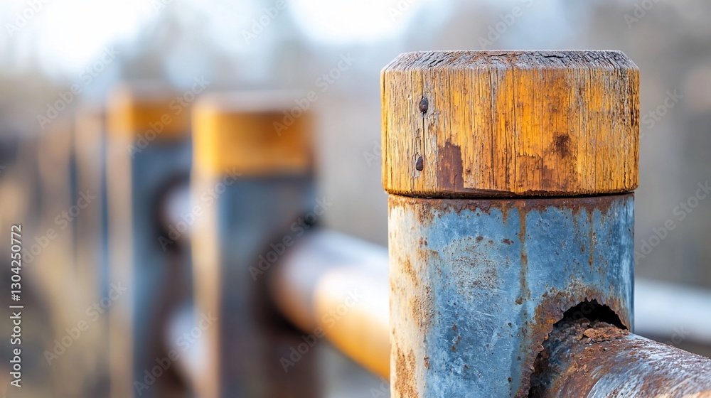 Rusty bridge railing detail, winter park background, fence post closeup Rusty bridge railing detail, winter park background, fence post closeup