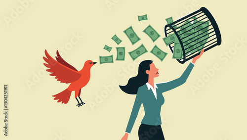 Businesswoman Releasing Money from Birdcage, Symbolizing Financial Freedom and Economic Independence