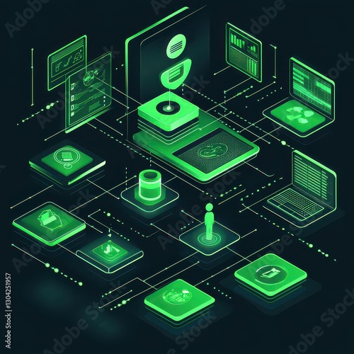 Isometric Network Connecting Devices Showing Data Exchange and Communication in Green