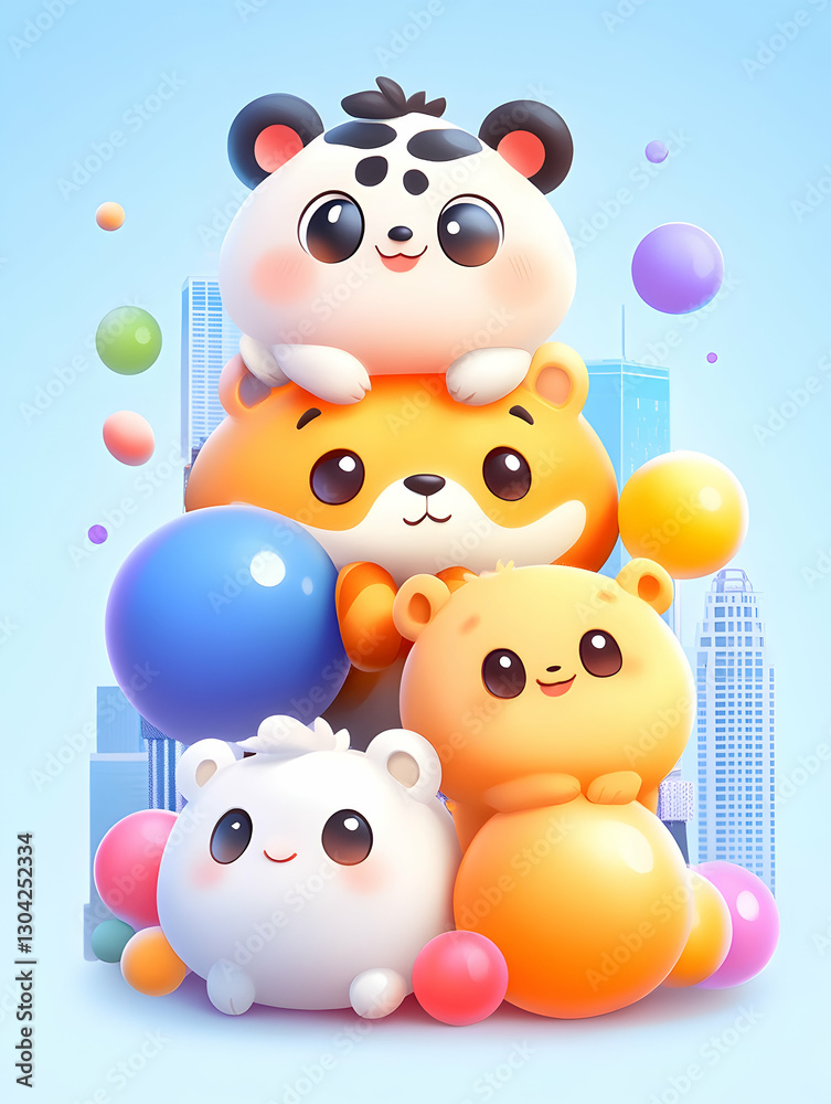 Fototapeta premium Cute Animals Stacked, City Background
