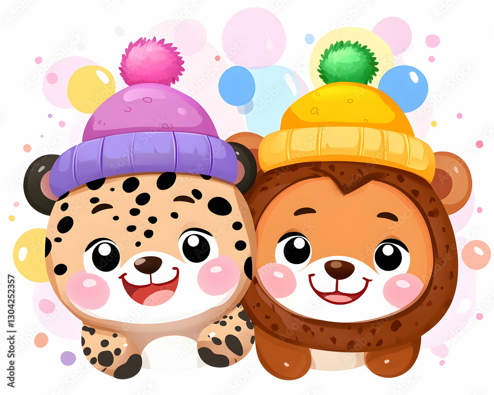 Naklejka premium Cute animals winter hats bubbles