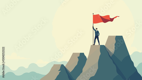 Determined entrepreneur overcoming obstacles and challenges to reach success flag at top, never give up concept
