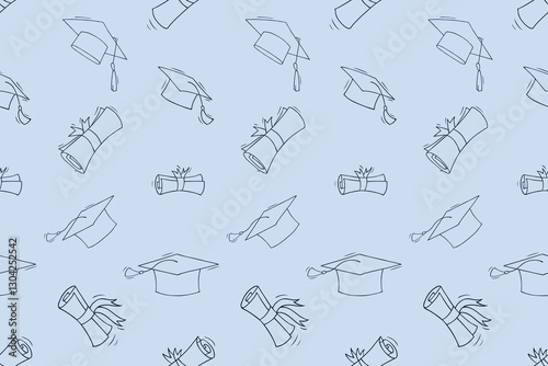 Doodle seamless pattern of school education, study and graduation. Background with sketch elements of university education, students caps, and diploma scrolls, vector hand drawn illustration