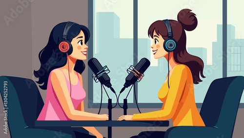 Female Podcaster Interviewing Guest in Professional Studio with High-Quality Audio Equipment