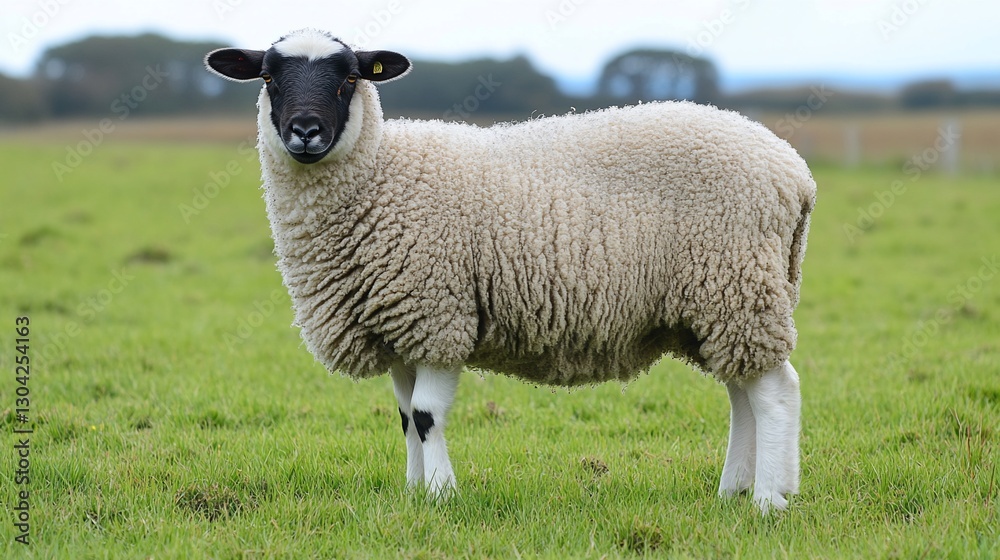 Sheep grazing pasture, rural farmland, calm day Sheep grazing pasture, rural farmland, calm day