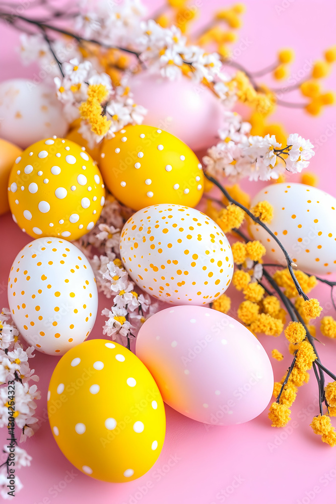 Obraz premium Easter Eggs, Spring Flowers, Pink Background