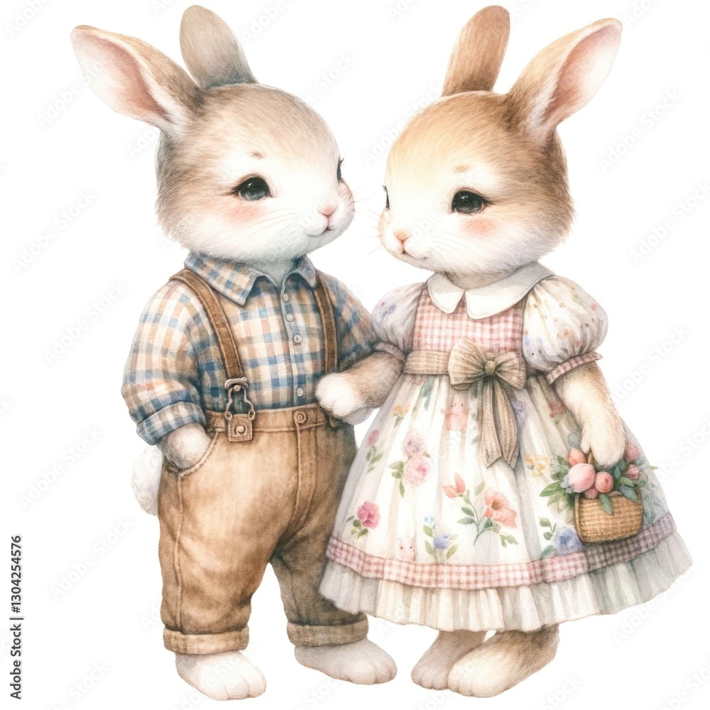 Fototapeta premium Two adorable rabbits dressed in charming outfits, perfect for children's illustrations.