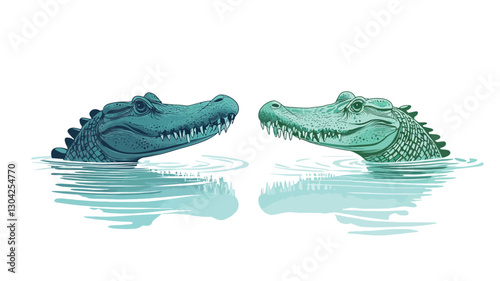 Wallpaper Mural Digital illustration of two stylized crocodile heads, one teal and one light green, emerging from calm water.  The crocodiles face each other, their reflections mirrored in the still water. Torontodigital.ca