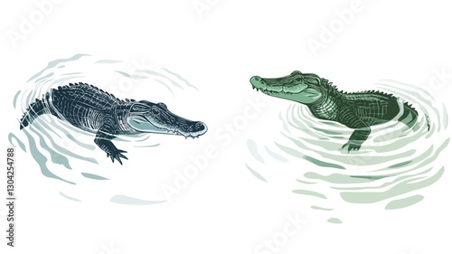 The image is an illustration depicting two young alligators partially submerged in water. One alligator is oriented to the left, the other to the right. The alligators are rendered in
