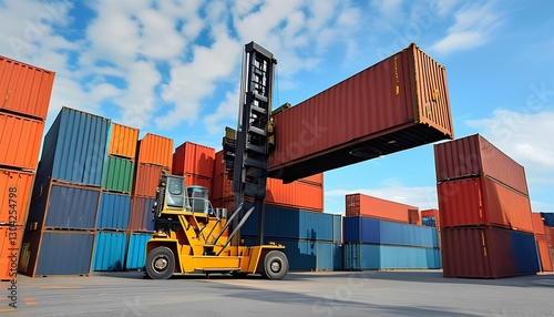 container cargo freight containers Container handling operations shipping yard industrial scene sunset lighting aerial perspective efficiency and logistics