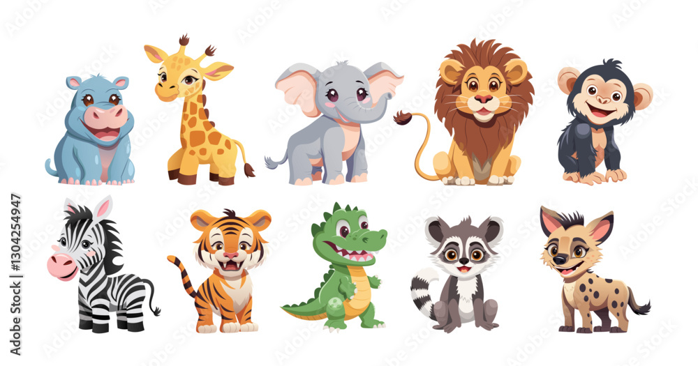 Fototapeta premium Children’s cute animals set. Hippopotamus Giraffe Elephant Lion Monkey Zebra Tiger Crocodile Lemur Hyena. Vector illustration savannah animals.