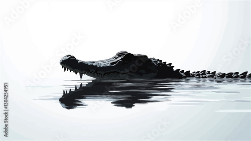 A high-contrast black and white image depicts a crocodilian's head and upper body partially submerged in water. The water is relatively calm, with subtle ripples and reflections visible.