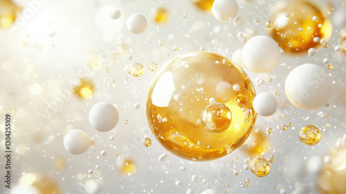 Golden oil sphere and White creme sphere with white and yellow molecules, on a light gray background and a light yellow color scheme. 