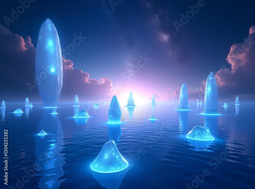 Mystical Glowing Ice Formations Floating on a Deep Blue Ocean Under a Starry Night Sky, Enchanted Fantasy Seascape with Ethereal Lights and Cosmic Reflections – AI Generative