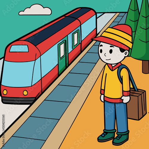 Excited child waiting for a train at the station with a suitcase and backpack against a colorful background