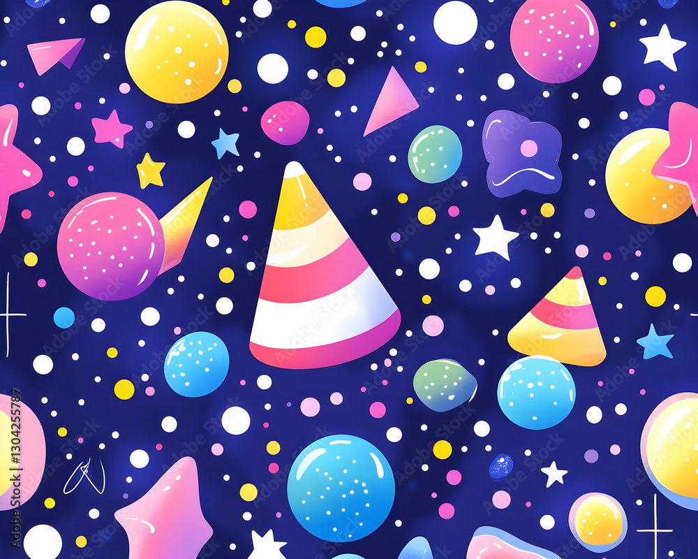 Floating objects in space-themed backdrop, showcasing colourful, abstract forms