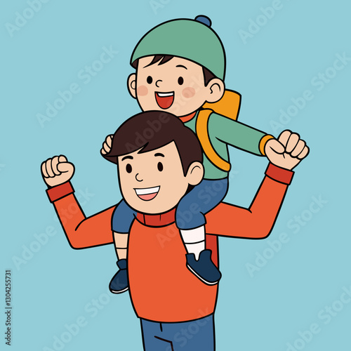 Joyful father carrying happy child on shoulders with raised arms against a blue background
