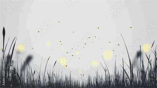 The image is a low-angle, close-up shot of silhouetted grass against a light gray sky.  The grass blades are dark and out of focus, creating a soft, blurred effect.  Several small, glowing
