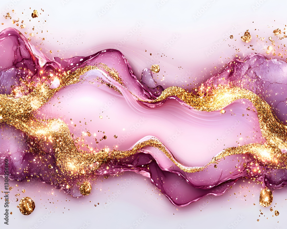 Obraz premium Flowing Purple & Pink Alcohol Ink with Gold Flakes on White Background