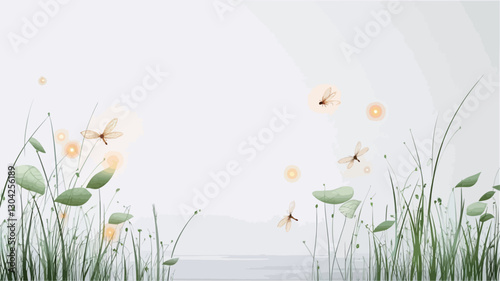 The image is a digital illustration in a watercolor style. It depicts a light-colored background with several delicate, light-yellow and light-green flowers and grass blades rendered in a