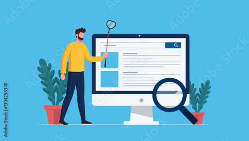 Searching for Information Online Using Magnifying Glass and Search Bar, Web Surfing and SEO